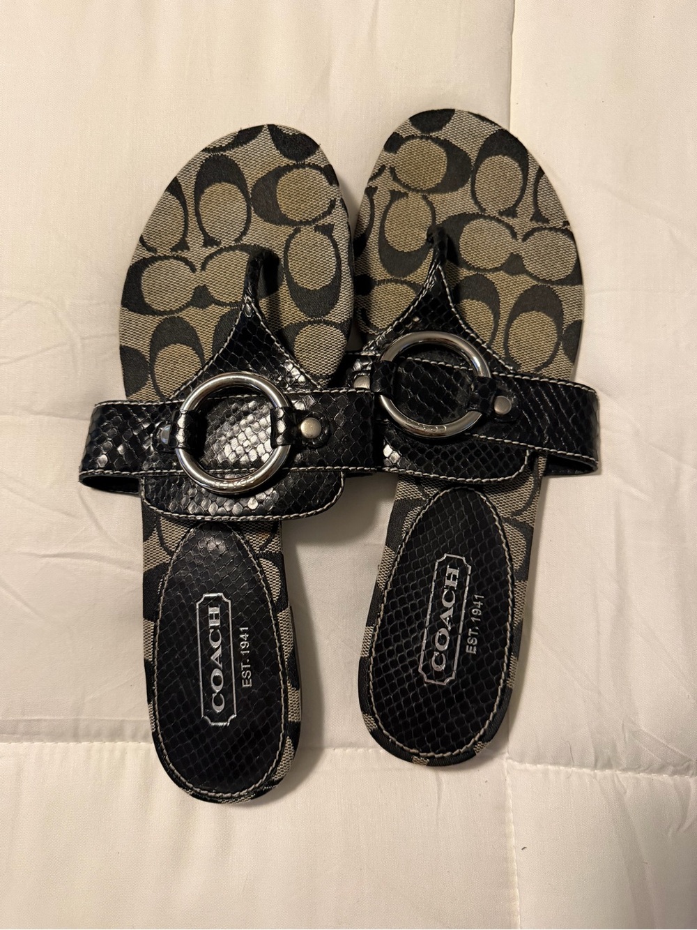 Coach Black & Beige Signature Logo Slide Sandals with Silver Ring
